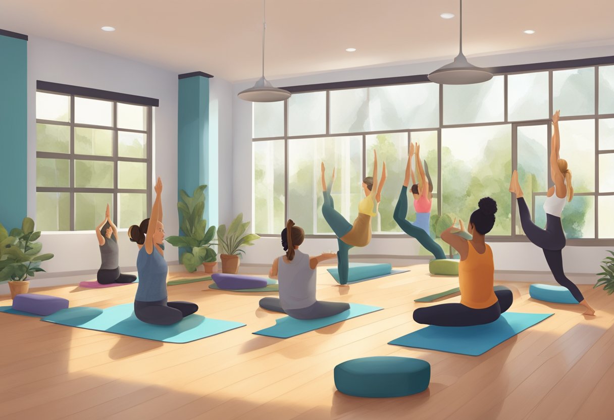 A serene yoga studio with props and mats, a knowledgeable instructor demonstrating poses, and eager students learning and practicing