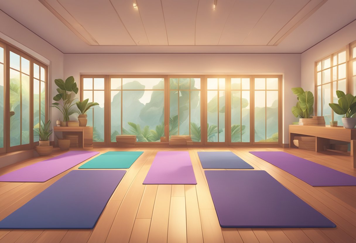 A serene yoga studio with mats laid out, props neatly organized, and soft lighting creating a peaceful ambiance