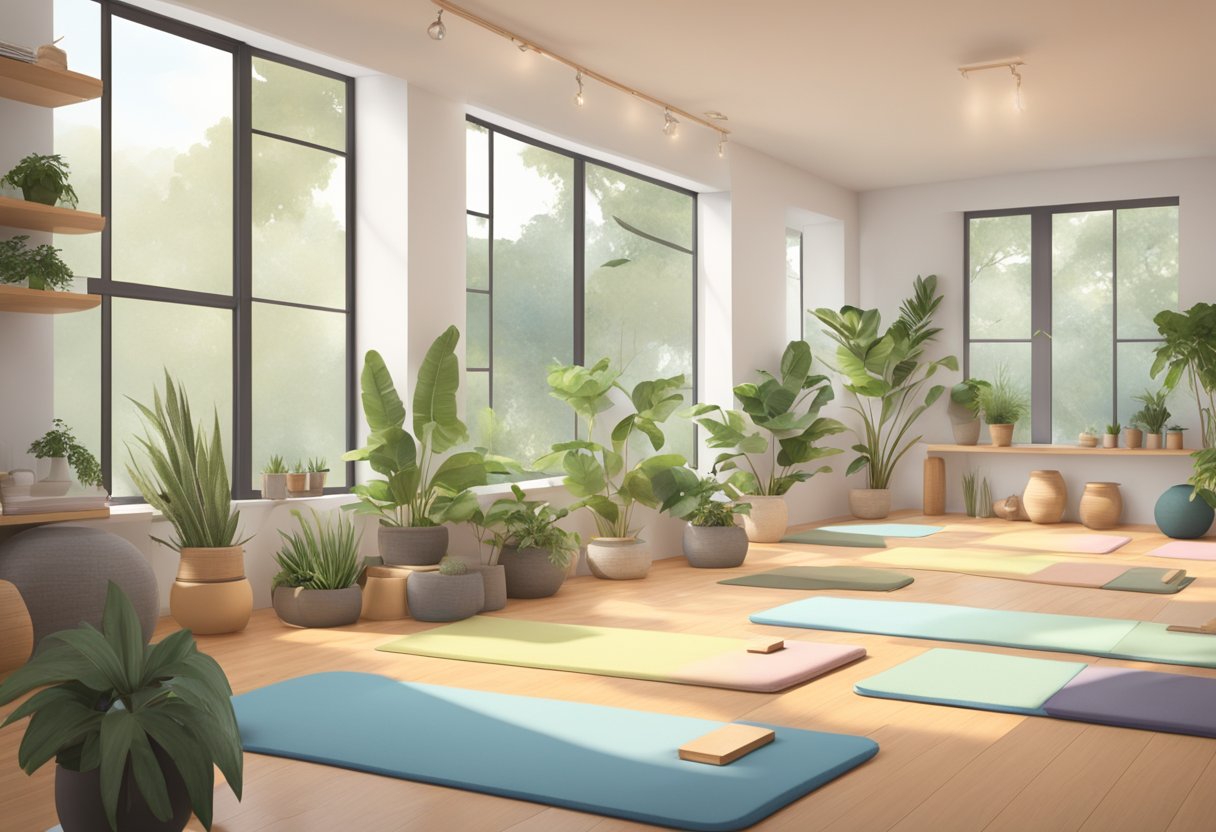 A serene yoga studio with natural light, plants, and calming decor. A spacious, uncluttered area for teaching, with mats and props neatly organized