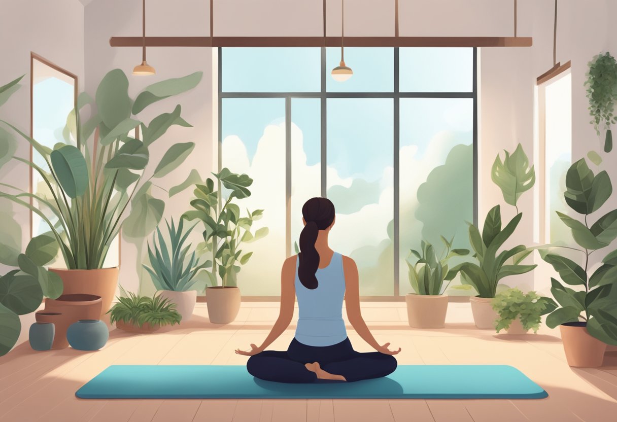 A yoga mat, comfortable clothing, and bare feet in a serene studio setting with soft lighting and plants