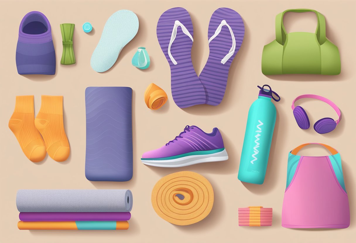 Colorful yoga mat, water bottle, headband, and yoga socks laid out next to a pair of stylish and comfortable yoga shoes