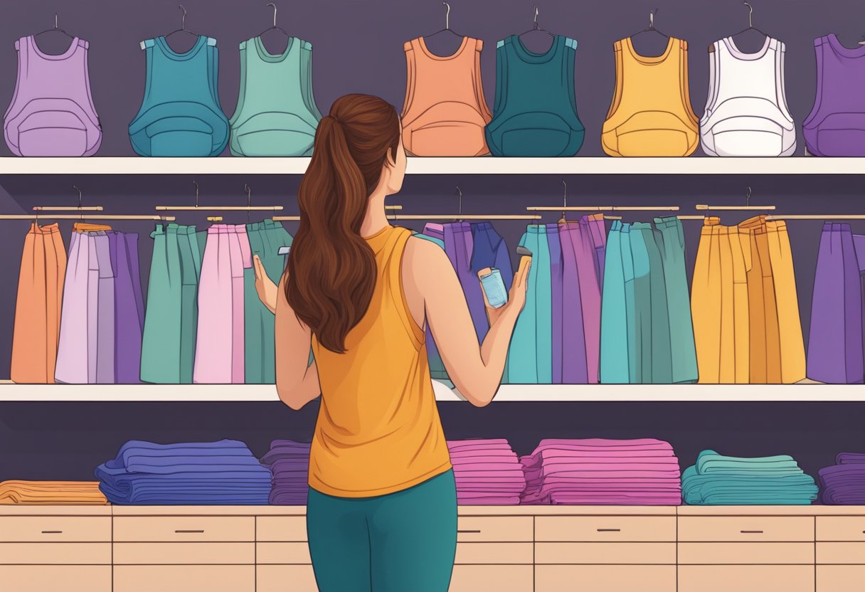 A woman browses racks of yoga wear, comparing styles and prices. She holds up a pair of leggings, examining the fabric and design. Nearby, shelves display colorful yoga mats and water bottles