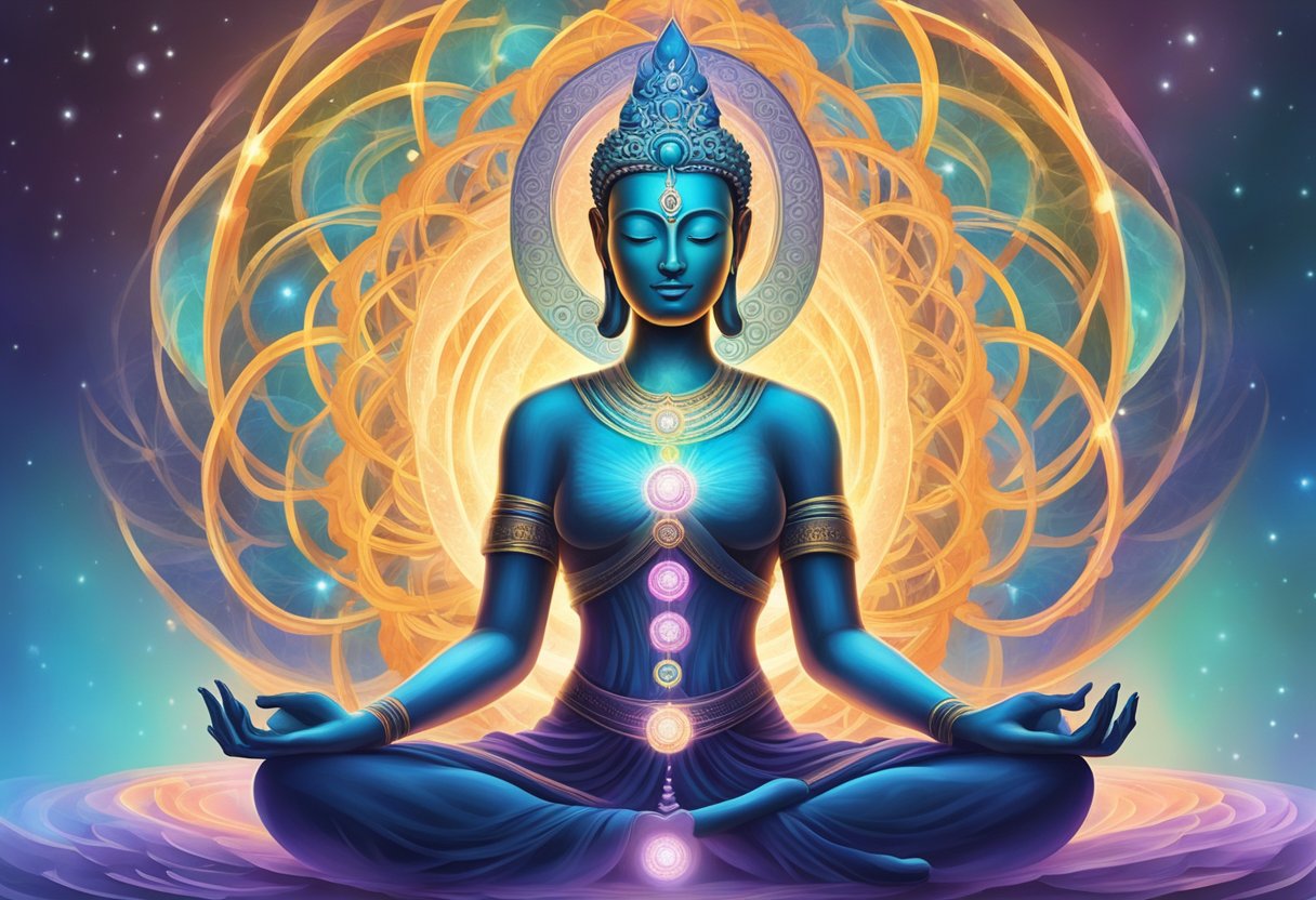 A serene figure meditates in lotus position, surrounded by vibrant energy spiraling from the base of the spine to the crown of the head