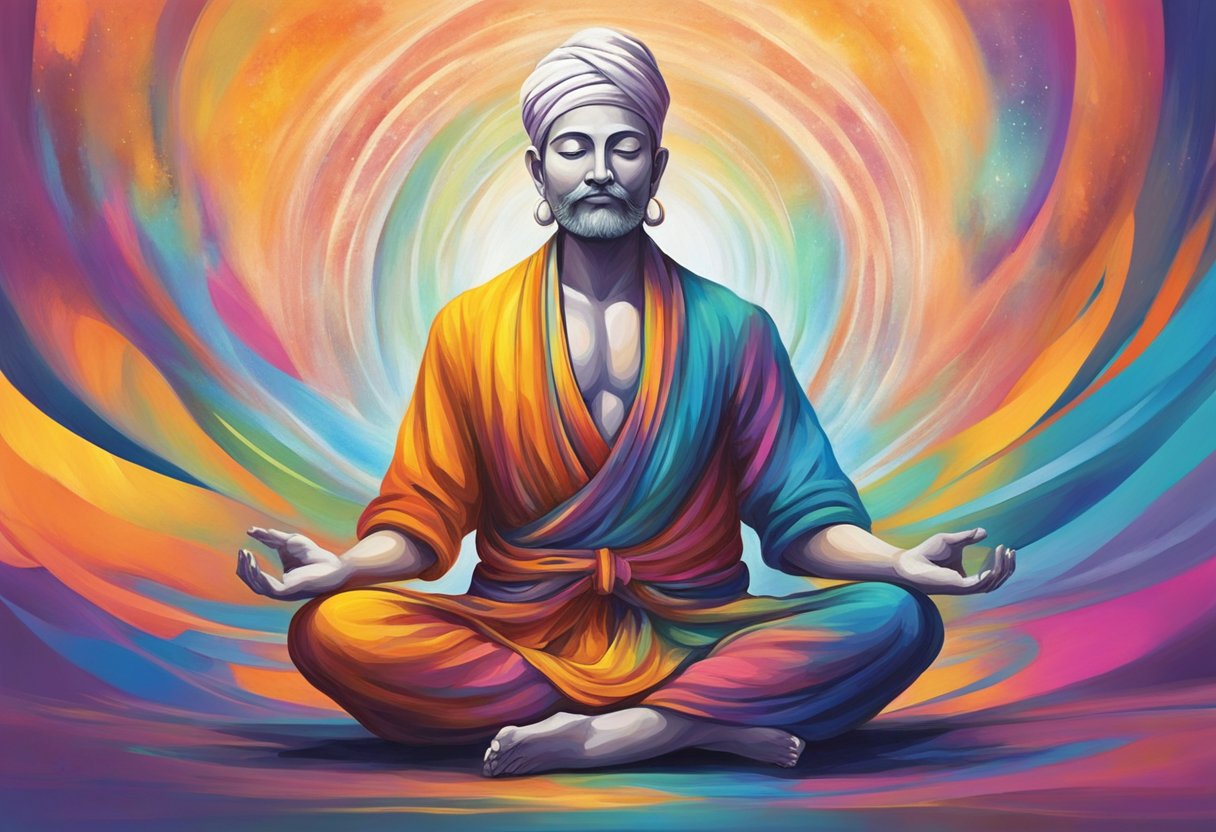 A serene figure sits cross-legged, surrounded by vibrant colors and swirling energy. The figure exudes a sense of peace and inner strength, embodying the core principles and practices of Kundalini yoga