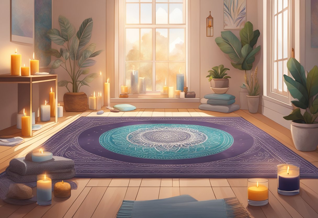 A serene, sunlit studio with a mandala tapestry, incense, and a yoga mat surrounded by candles and crystals