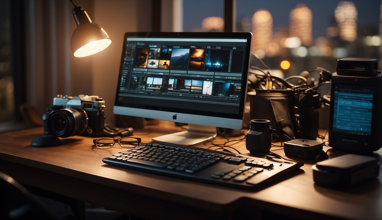 A filmmaker's desk with a computer, storyboard software open, and various filmmaking tools scattered around. Light from a window illuminates the scene