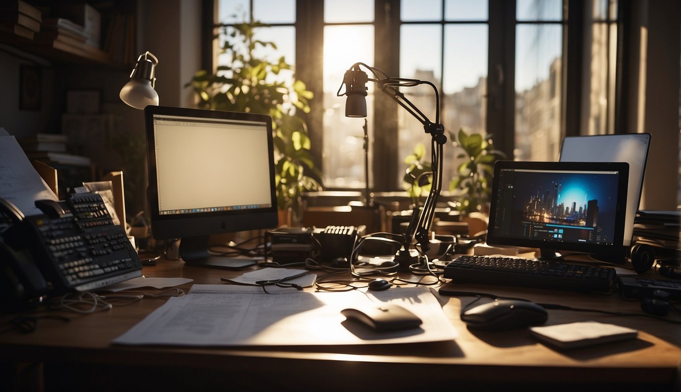 A cluttered desk with a computer, storyboard sketches, and filmmaking equipment. Bright light streams through a window, casting shadows on the creative chaos