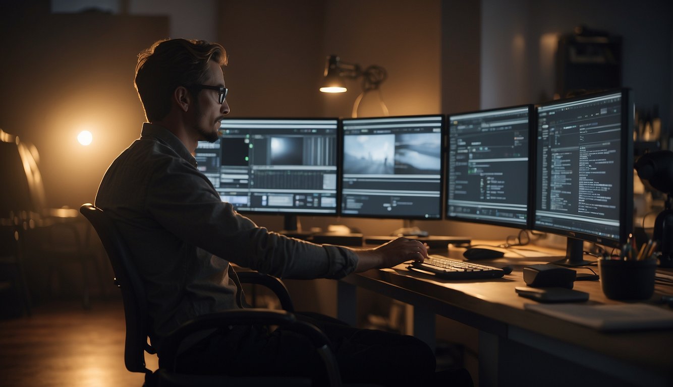 A filmmaker sits at a desk, surrounded by storyboard software on a computer screen. Light from the window illuminates the room, casting a warm glow on the filmmaker's creative workspace