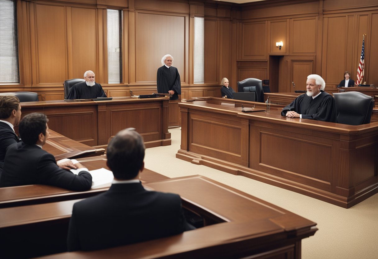 A courtroom with a judge presiding over a legal case, lawyers presenting arguments, and a defendant and plaintiff seated at their respective tables