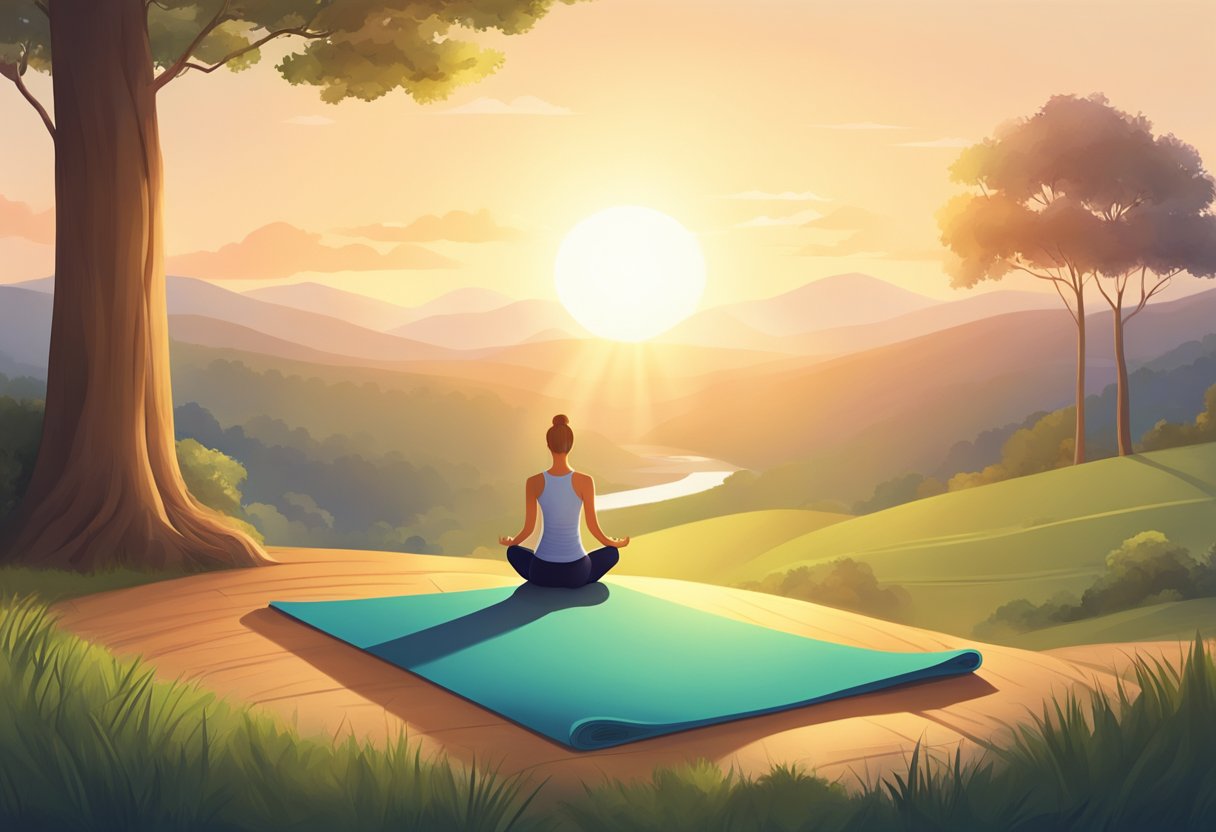 A serene yoga mat surrounded by peaceful nature, with the sun gently illuminating the scene