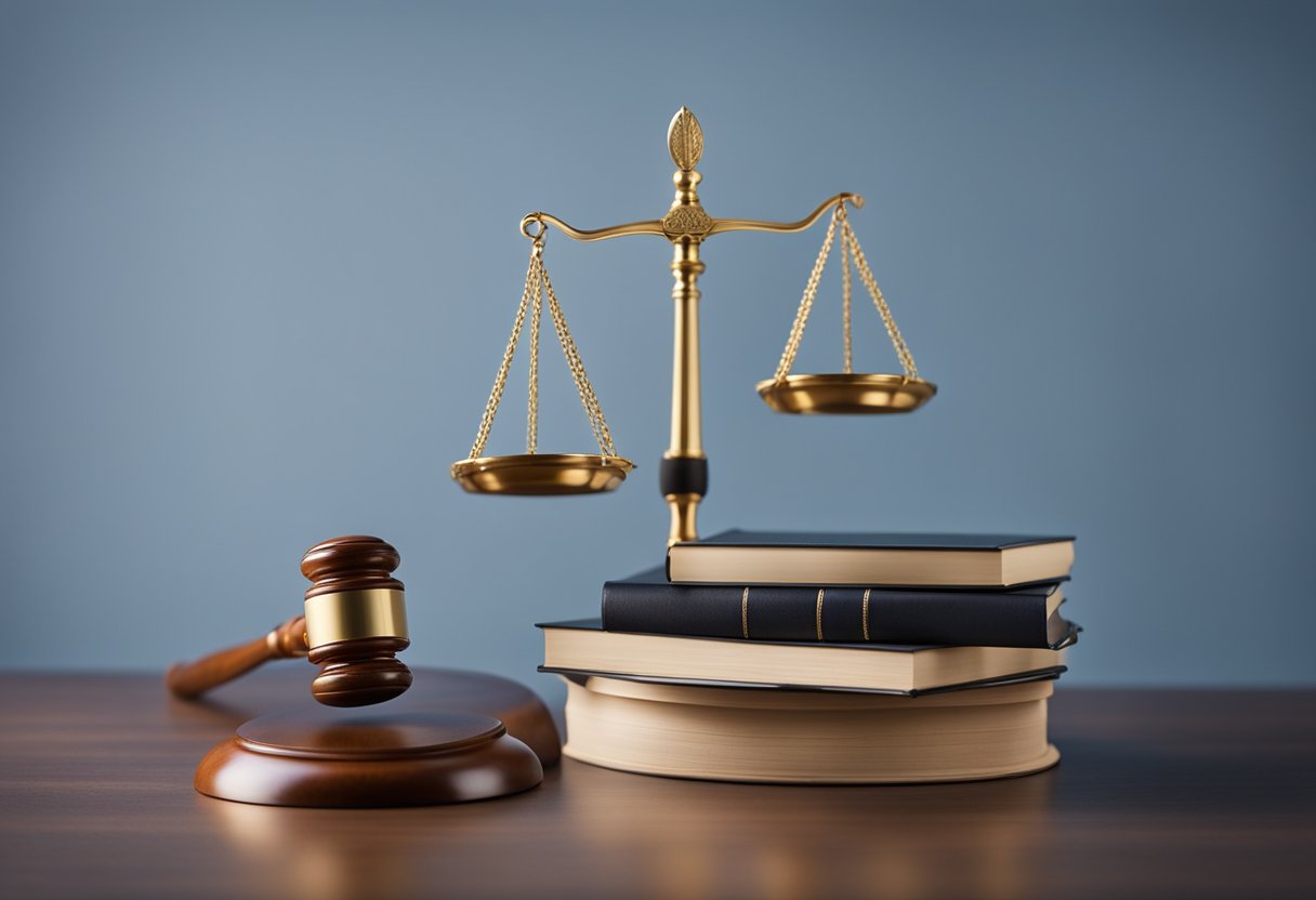 A scale balancing a stack of positive reviews and a pile of negative feedback, with a gavel symbolizing justice hovering above