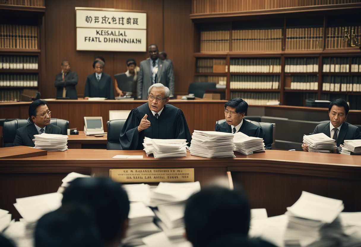 A courtroom scene with a confused client and a frustrated lawyer, surrounded by piles of legal documents and a sign reading "7 Kesalahan Fatal Saat Memilih Pengacara yang Harus Dihindari"