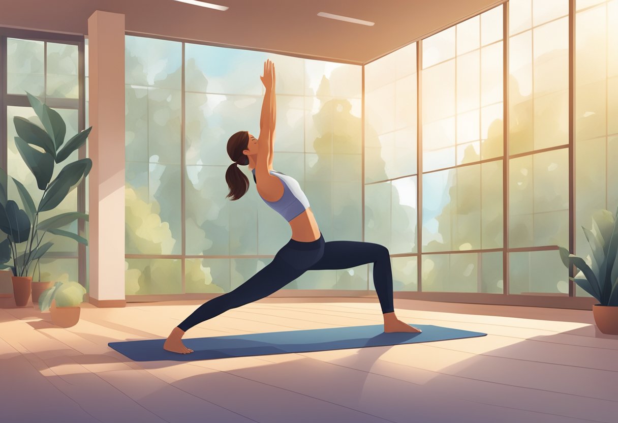 A person doing yoga poses in a fitness studio with serene lighting and peaceful ambiance