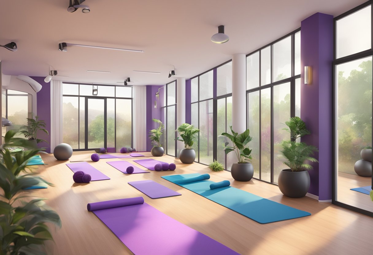 Yoga mats arranged in a spacious, well-lit studio at Planet Fitness, with serene ambiance and soft instrumental music playing in the background