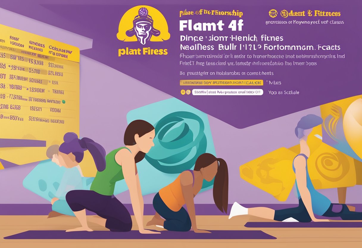 Planet Fitness logo displayed with "Membership and Class Information" text. Yoga class schedule visible on a bulletin board