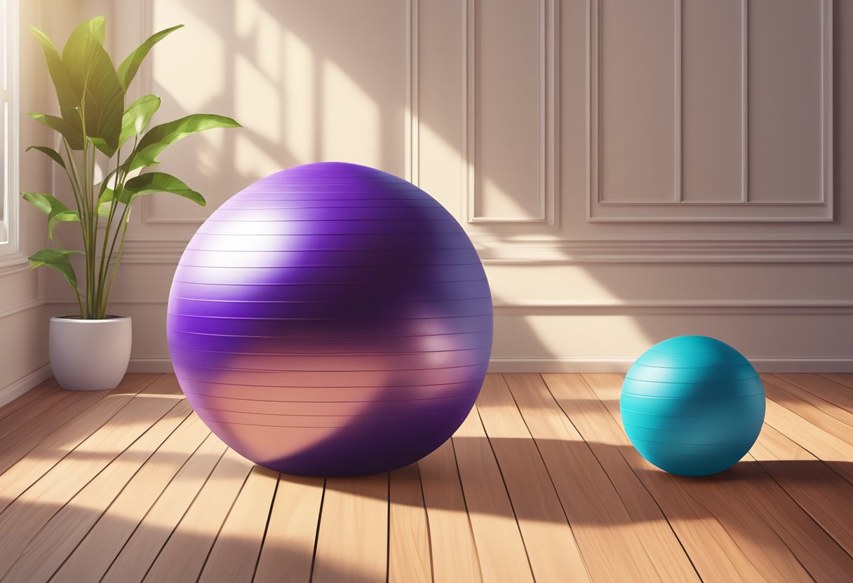 A yoga ball, 65 centimeters in diameter, sits on a hardwood floor in a sunlit room
