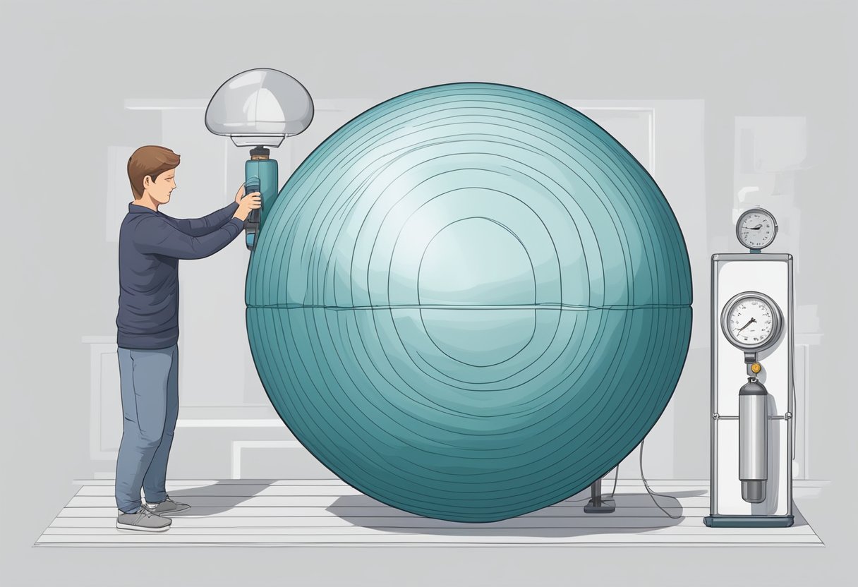 A person inflates a large yoga ball with a pump, then checks the air pressure with a gauge to ensure it is at the correct size for use