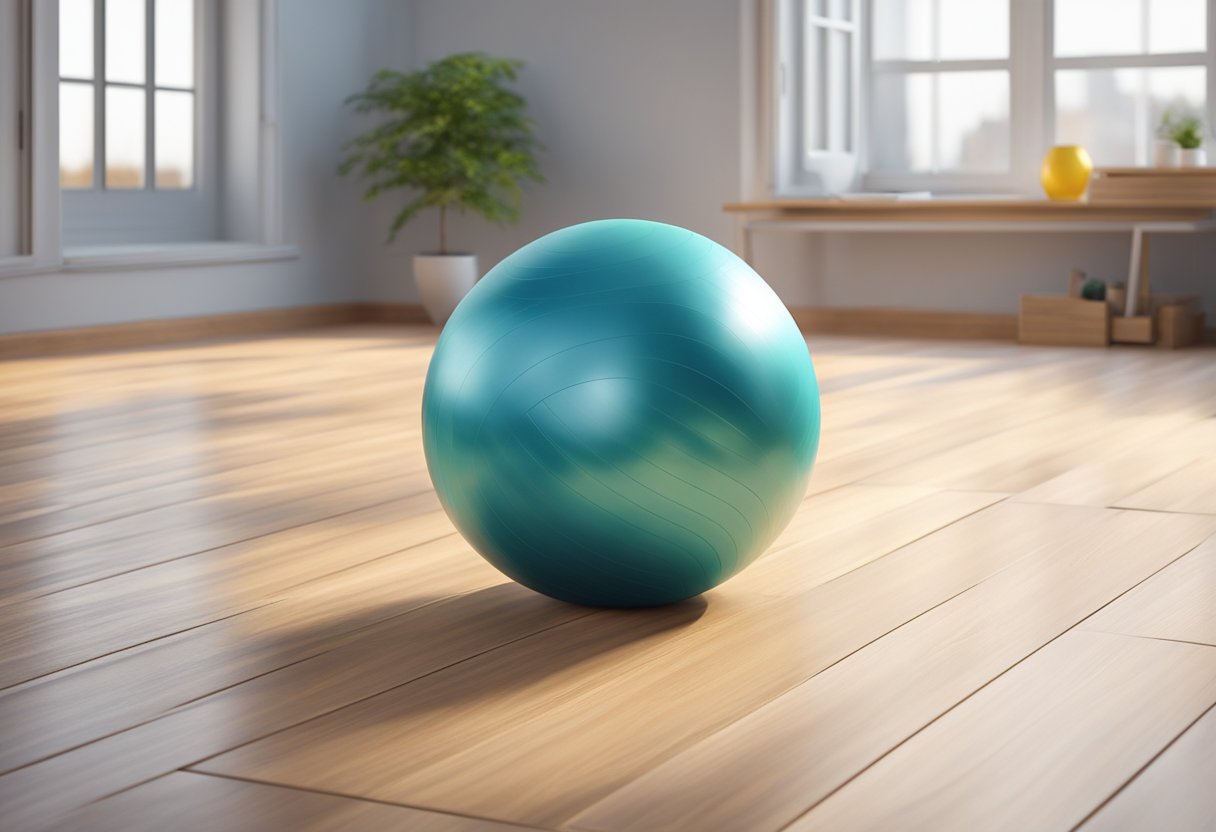 A yoga ball, measuring 65cm in diameter, sits on a clean, wooden floor in a well-lit room with large windows