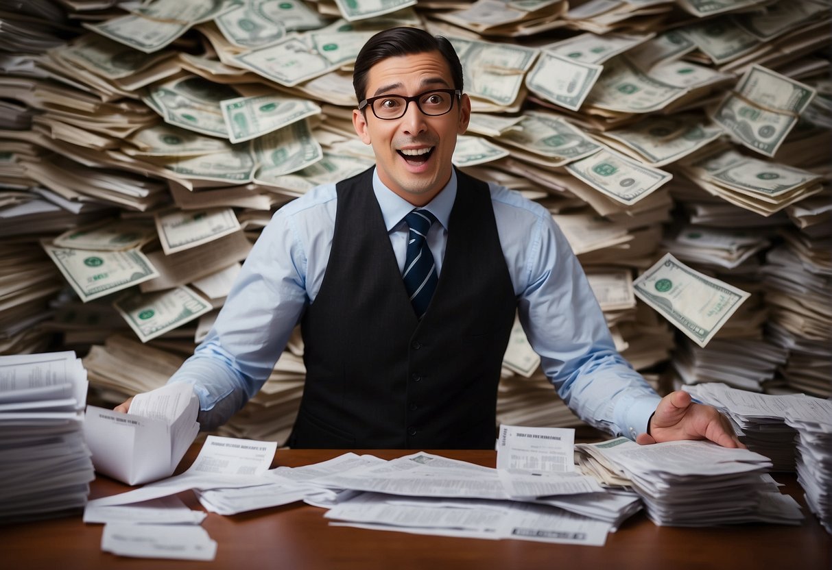 A stack of bills and tax forms spread across a table, with a calculator and a look of surprise on a person's face