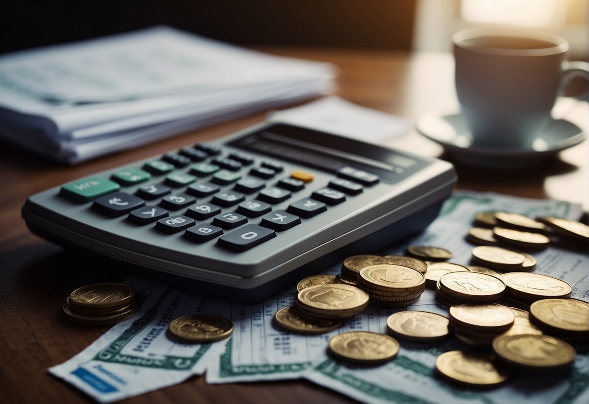 A pile of bills and coins stacked on a table, with a calculator and tax forms scattered around, depicting the surprise of increased taxes in 2023