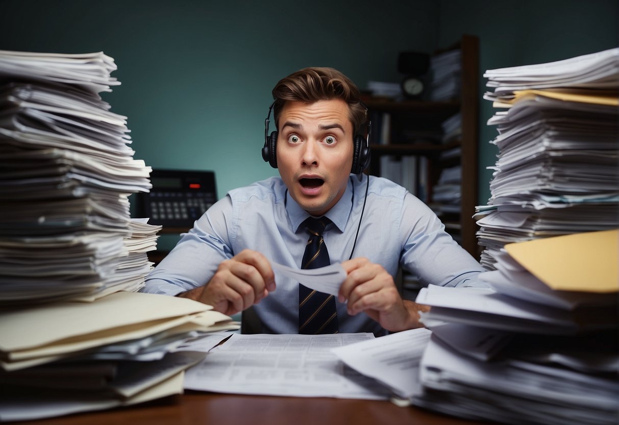 A person sitting at a desk, surrounded by paperwork and a calculator, with a look of surprise and confusion on their face as they realize they owe more in taxes than they expected