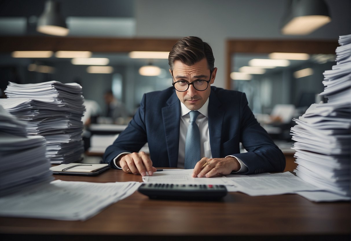 A person sitting at a desk, surrounded by paperwork and a calculator. Their expression is one of surprise and frustration as they look at a large tax bill for 2023