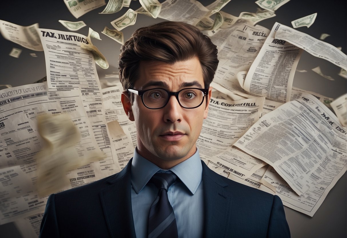 A person looking at a tax bill in disbelief, with a calculator and papers scattered around, showing the impact of deductions on the amount owed