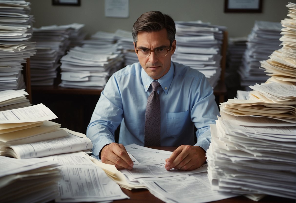 A person sits at a desk surrounded by tax forms and papers. Their expression is one of shock and frustration as they look at their 2023 tax bill, realizing they owe more than expected