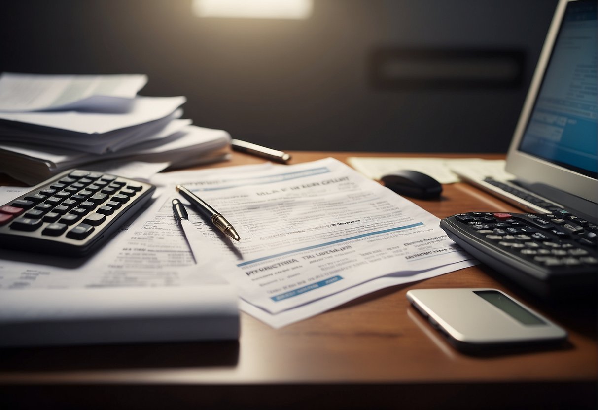 A pile of tax documents scattered on a desk, with a calculator and pen, as a person looks shocked at a 2023 tax bill on their computer screen