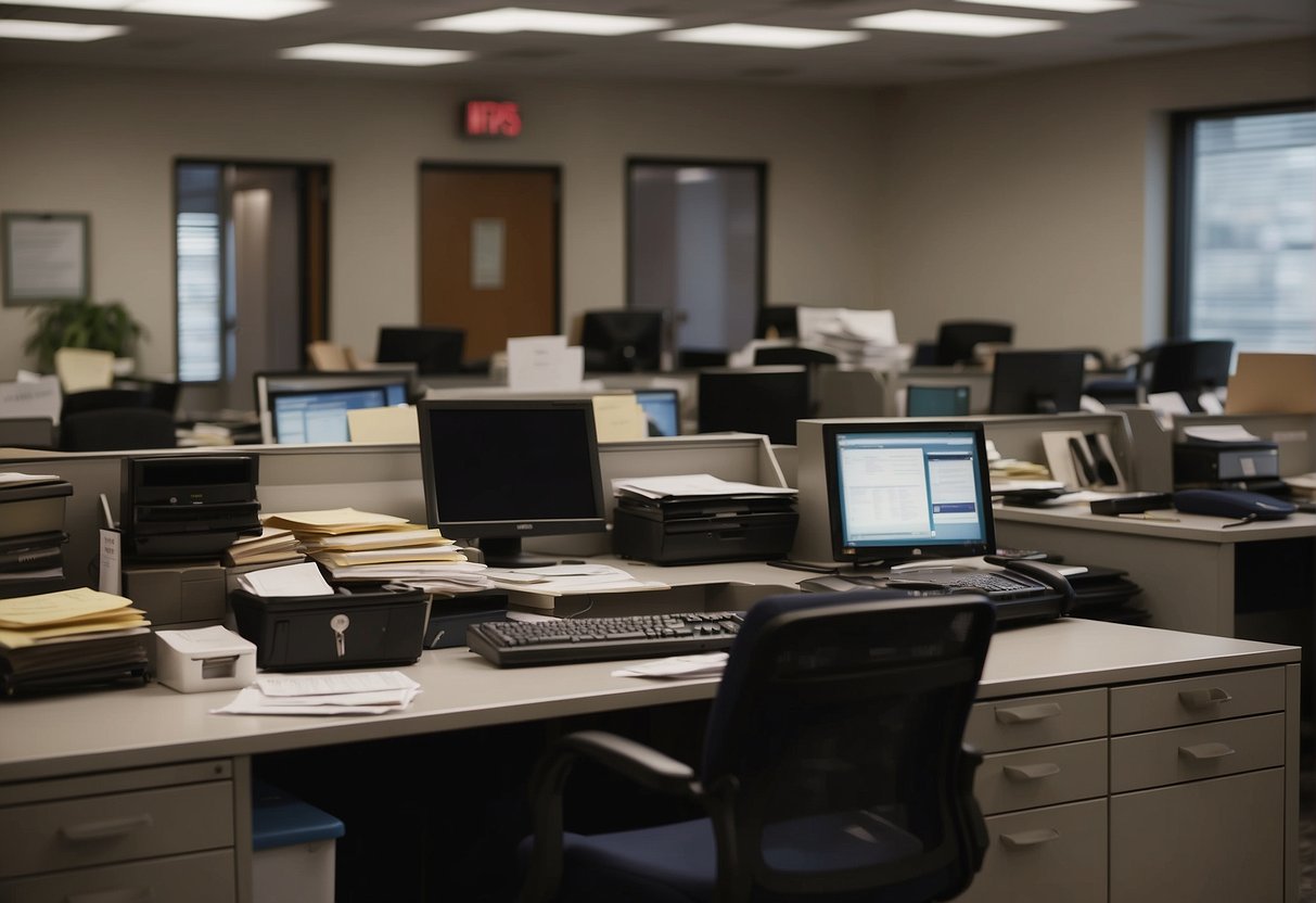 The IRS office is bustling with activity as tax returns are processed. A large, ominous tax bill looms on a desk, shocking the viewer with its unexpected amount