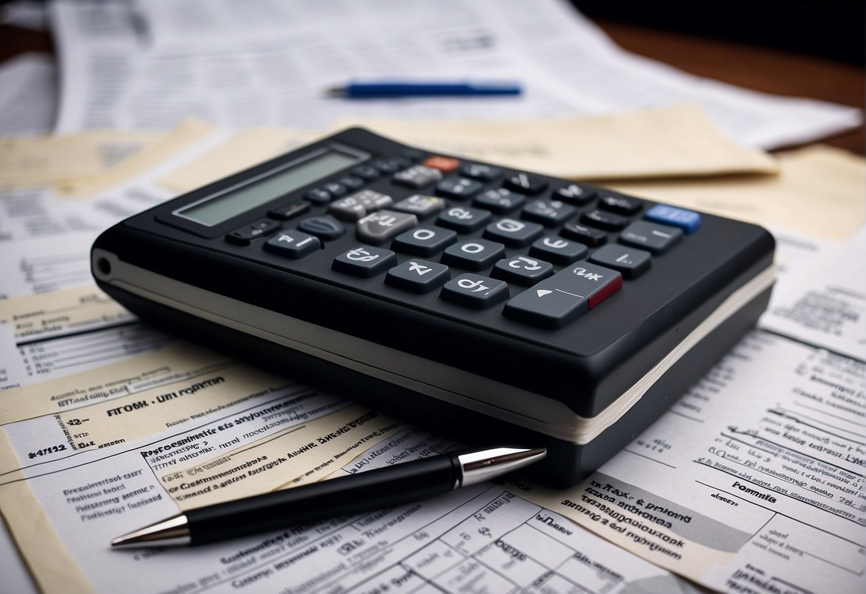 A stack of tax forms and documents, with a calculator and pen, surrounded by a look of shock and surprise