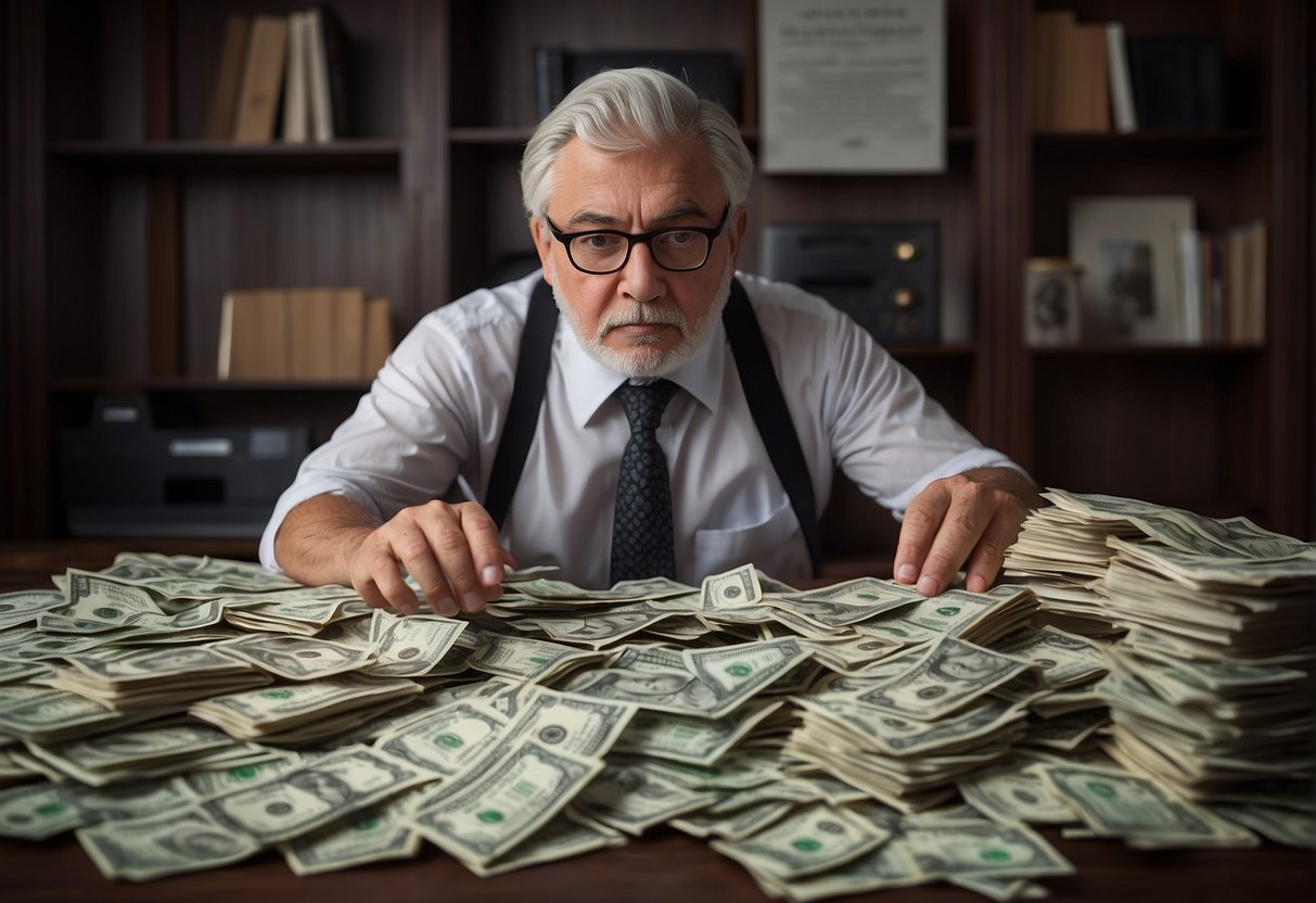 A pile of bills and coins, with a chart showing a steep increase. A puzzled person looks at a tax notice with a shocked expression