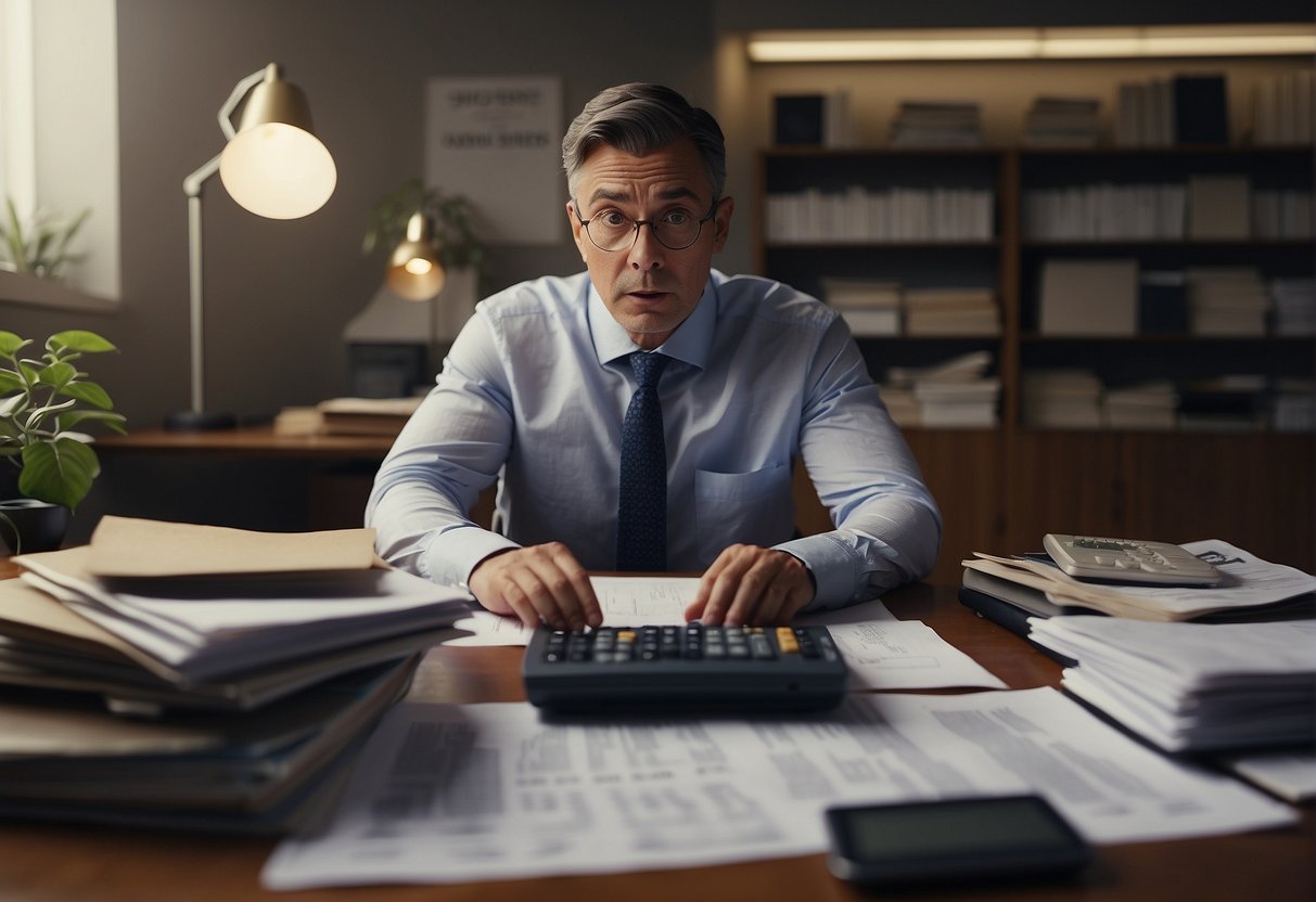 A person sits at a desk, surrounded by paperwork and a calculator. Their face shows surprise and concern as they stare at a 2023 tax bill