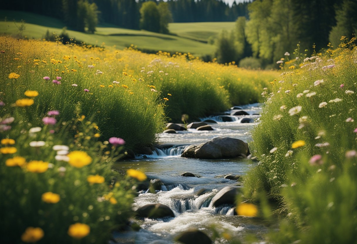 A serene meadow with a flowing river, surrounded by tall trees and colorful flowers, under a bright, clear sky