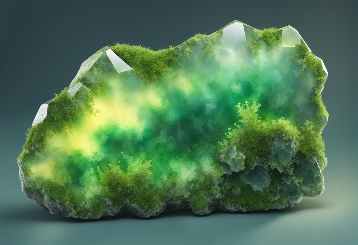 A close-up of moss agate under a bright light, showing intricate green moss-like inclusions within the translucent stone