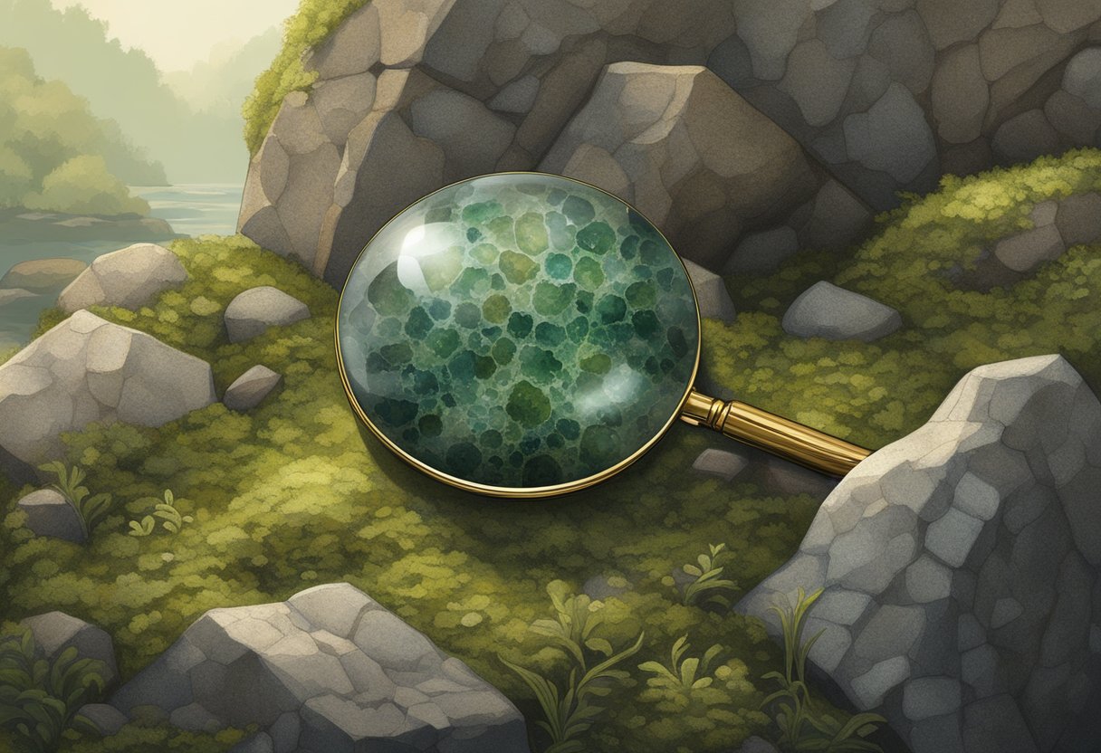 A moss agate sits on a rocky surface, its green and brown speckled patterns catching the light. A magnifying glass hovers over it, examining its intricate details for authenticity