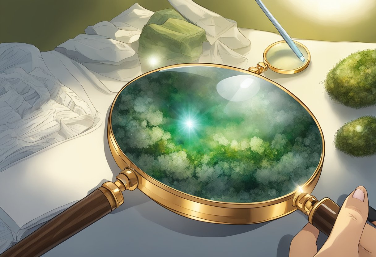 Moss agate jewelry being examined under a bright light with a magnifying glass to check for natural moss-like inclusions and authentic markings