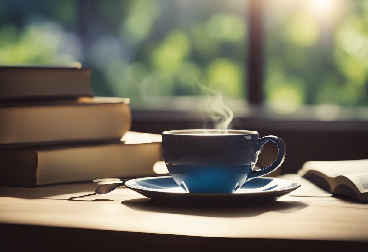 A pen hovers over a blank page, surrounded by scattered books and a soft glow of natural light. A cup of tea sits nearby, steaming gently