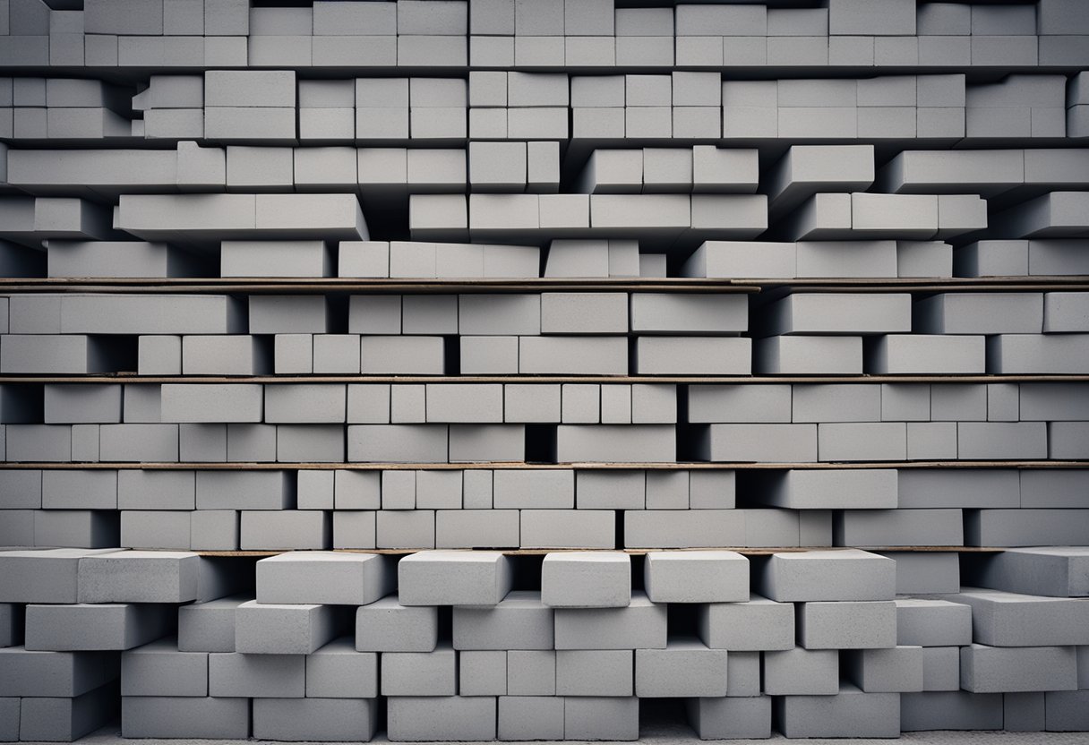 A pile of gray, solid concrete blocks stacked neatly on a construction site