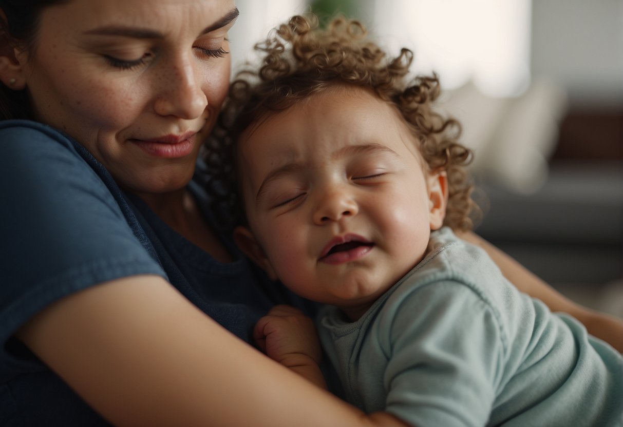 A baby lies on its back, eyes closed, while a caregiver gently pats its back to help it burp