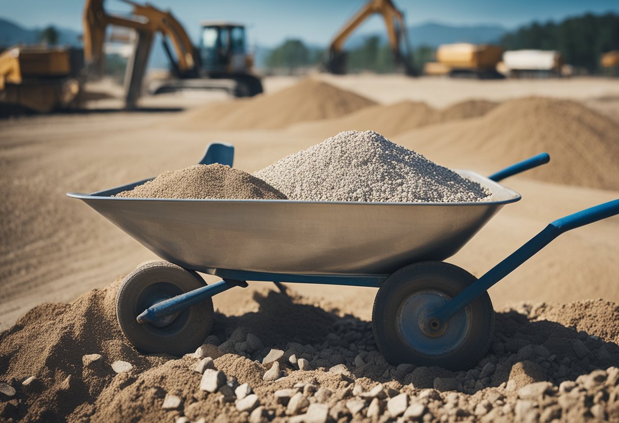 A pile of gravel, sand, and cement mix together in a wheelbarrow. A worker adds water, then mixes it all together with a shovel