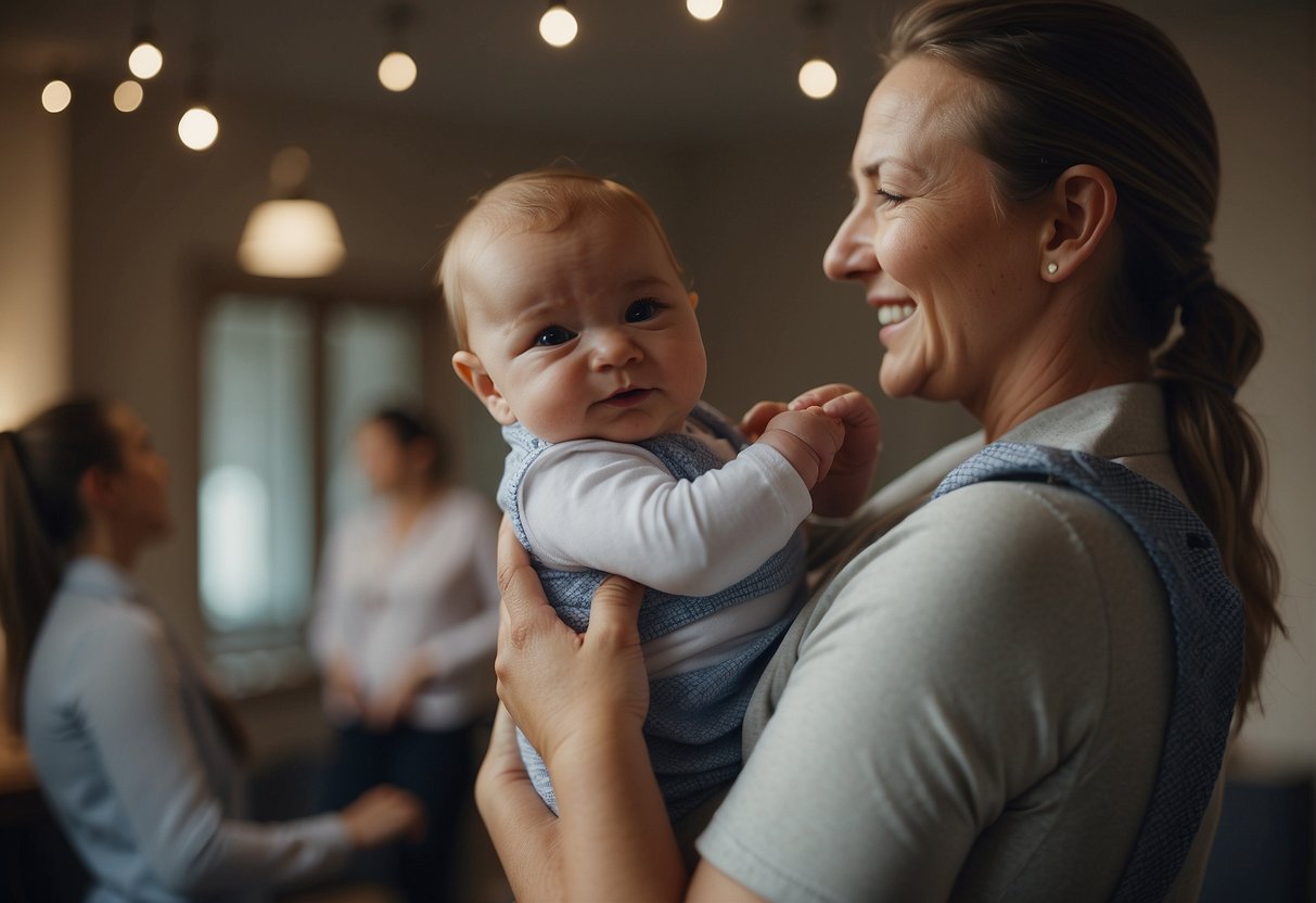 A baby is being held upright, pat on the back to encourage burping. The caregiver is observing the baby for signs of relief and comfort