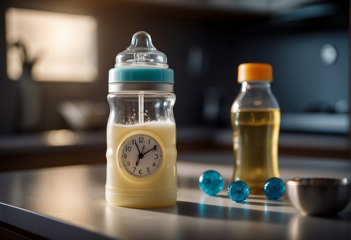 A baby bottle sits untouched on a countertop, signaling the end of the burping ritual. A clock on the wall shows the time, indicating the appropriate developmental stage for ceasing the practice