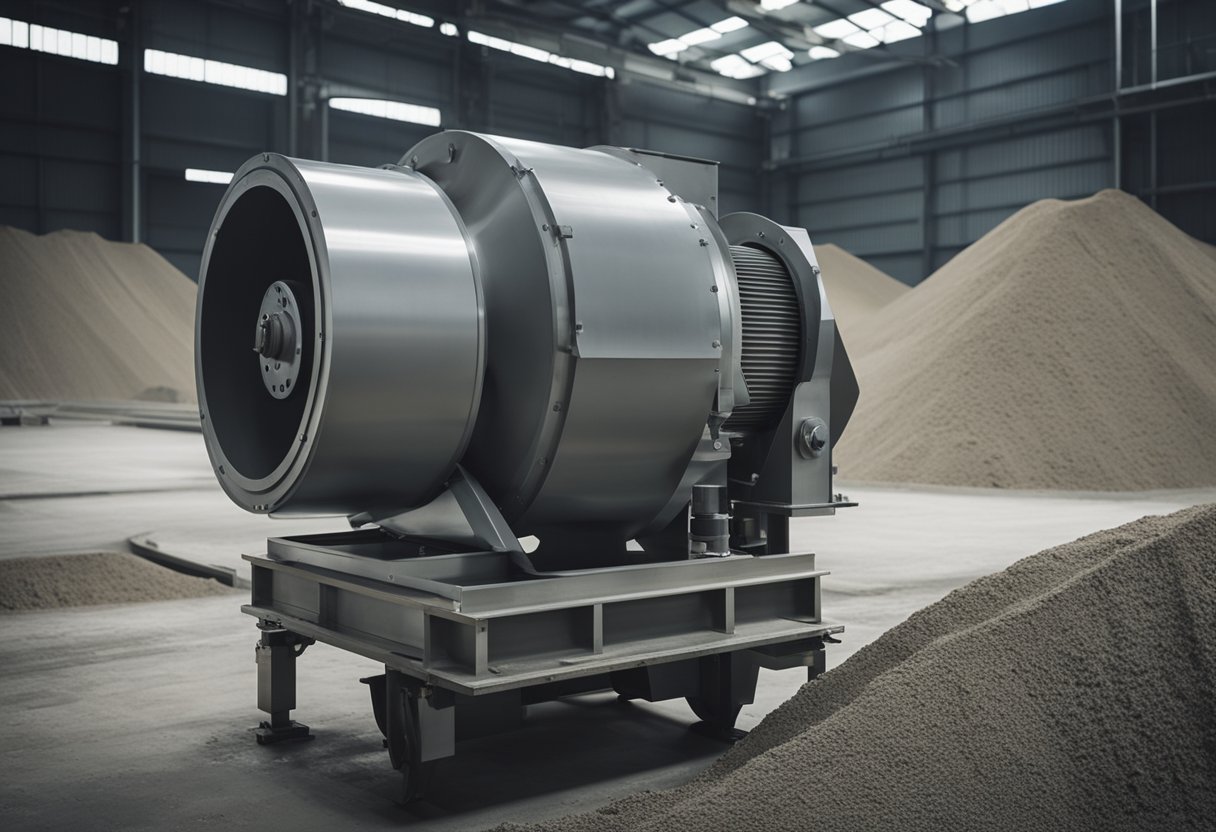 A concrete mixer churns as raw materials are poured in, creating a thick, grey mixture. Conveyor belts transport the concrete to molds for shaping