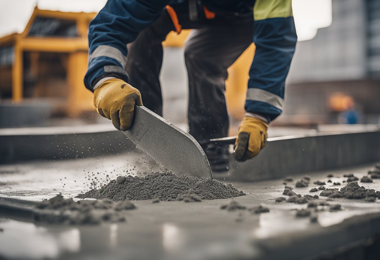 A construction worker pours concrete into a form, smoothing the surface with a trowel. Steel rebar protrudes from the wet mixture