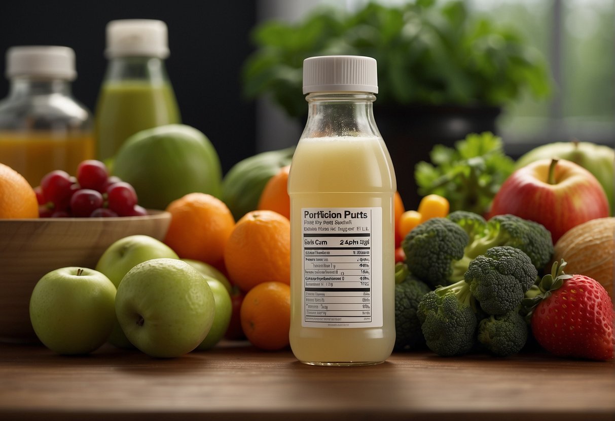 A baby bottle sits on a table, surrounded by fruits and vegetables. A nutrition label is visible, emphasizing the importance of healthy eating for infants