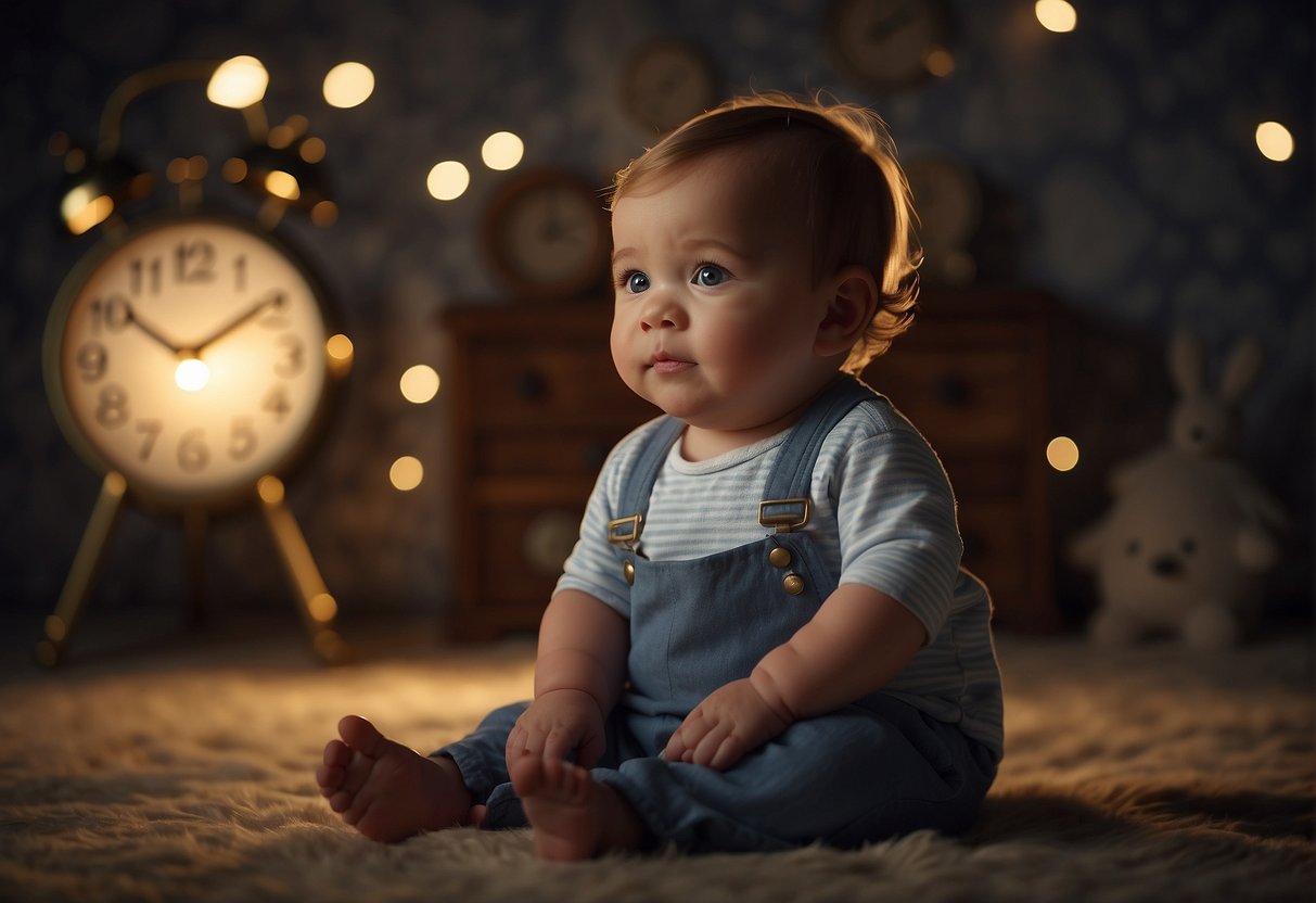 A baby sits upright, looking content. A clock on the wall reads 8:00 PM. The room is dimly lit, and a gentle lullaby plays in the background