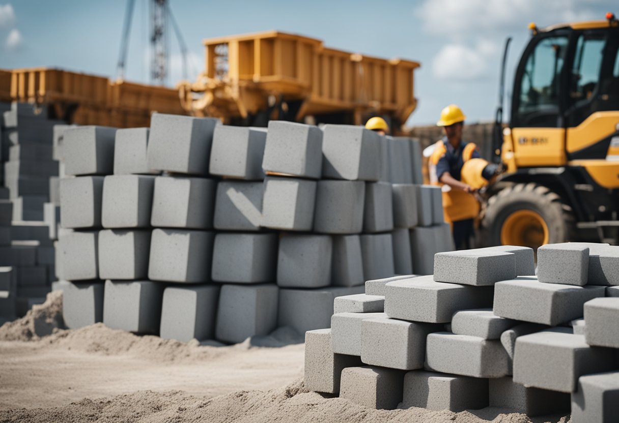 A pile of gray concrete blocks stacked neatly on a construction site, with a cement mixer and workers in the background