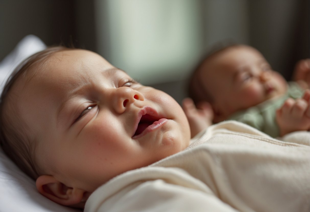 A baby lying on its back, surrounded by gentle caregivers, with a content expression, indicating the end of burping