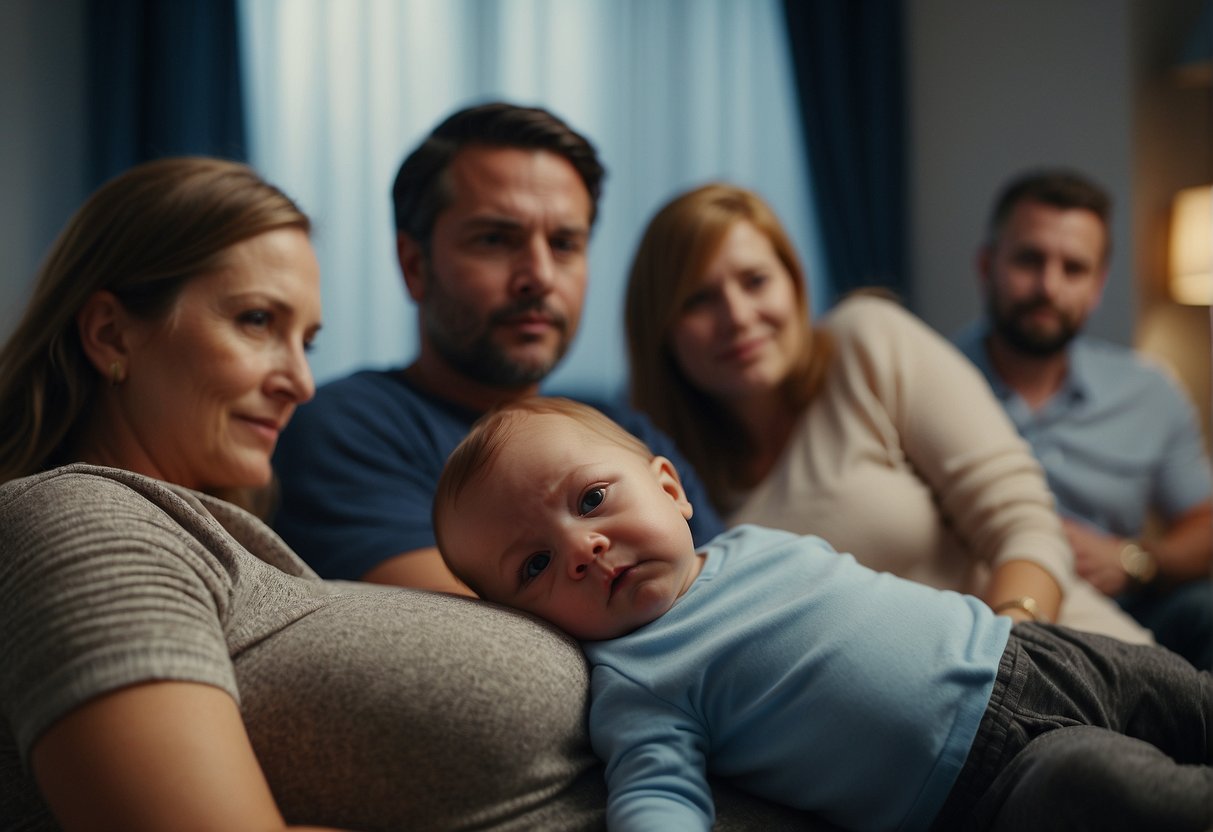 A baby lies on its back, surrounded by concerned adults. The room is filled with quiet murmurs as they discuss how to stop the baby from burping